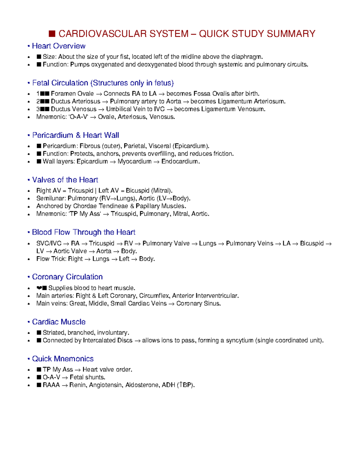 Cardiovascular System Quick Study Summary for ANAT 101 - Studocu