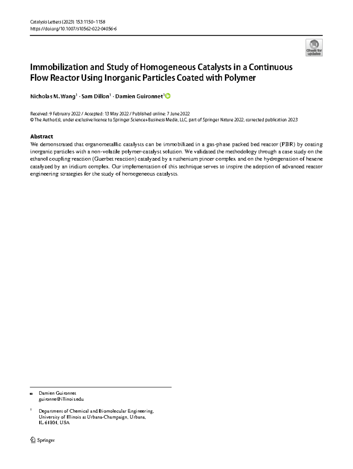 Study of Homogeneous Catalysts in Continuous Flow Reactor (CHEM 1151 ...