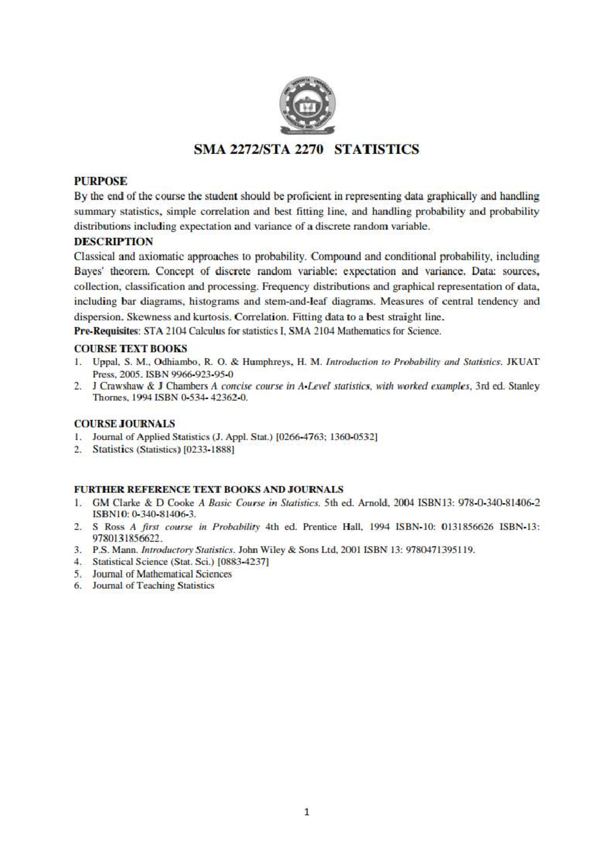 SMA 2270 Statistics Course Notes: Data Representation & Probability ...