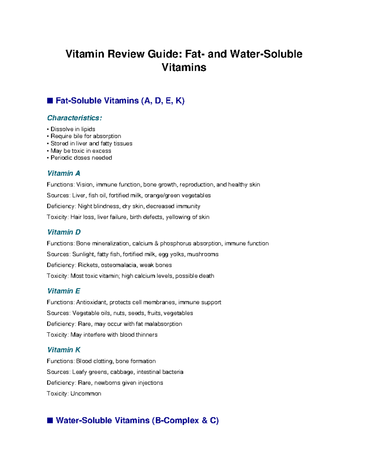 Vitamin Review Guide: Key Functions and Sources of Vitamins A, D, E, K ...