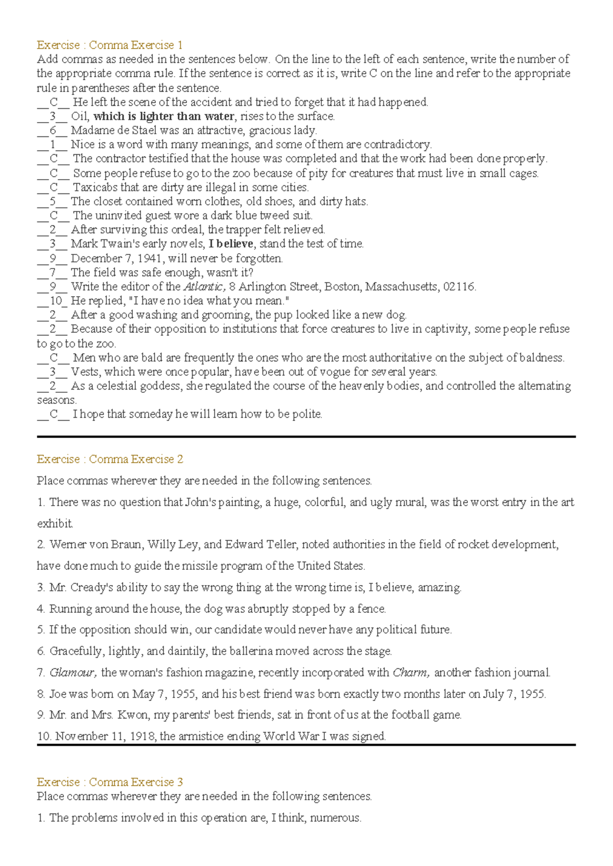3. Comma Exercises ALL - Esercizi di Punteggiatura in Inglese - Studocu