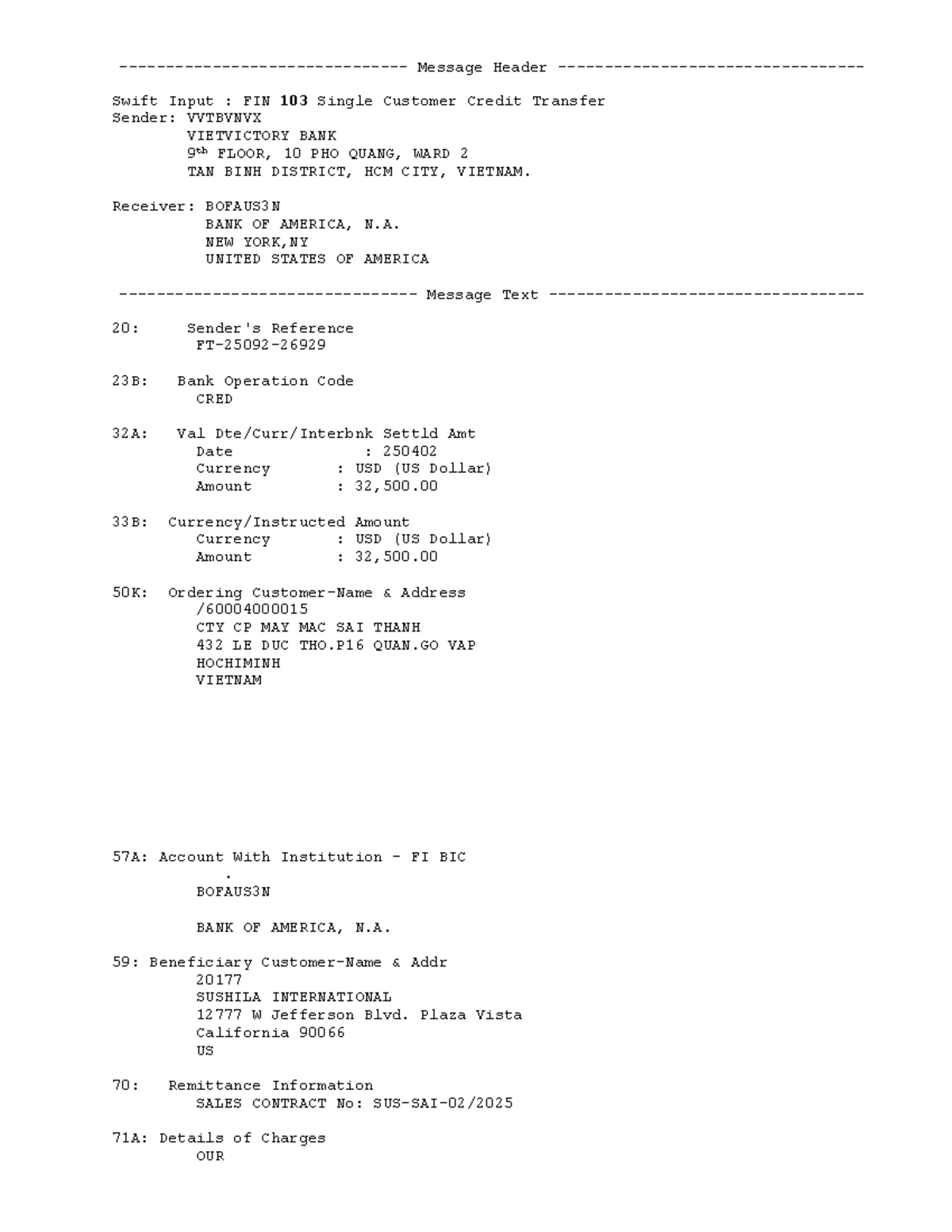 Overseas Transfer MT 103 20250402222727 - Message Header - Swift Input ...