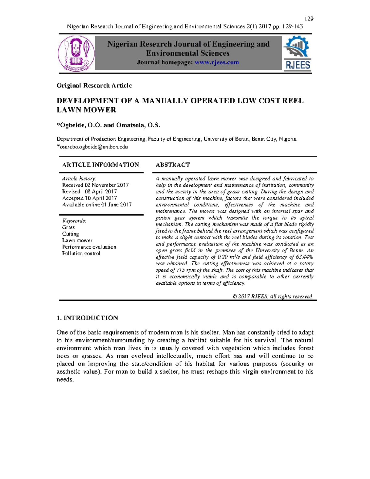 Development of a Low-Cost Manual Lawn Mower: Design & Evaluation (ENG 129) - Document Preview