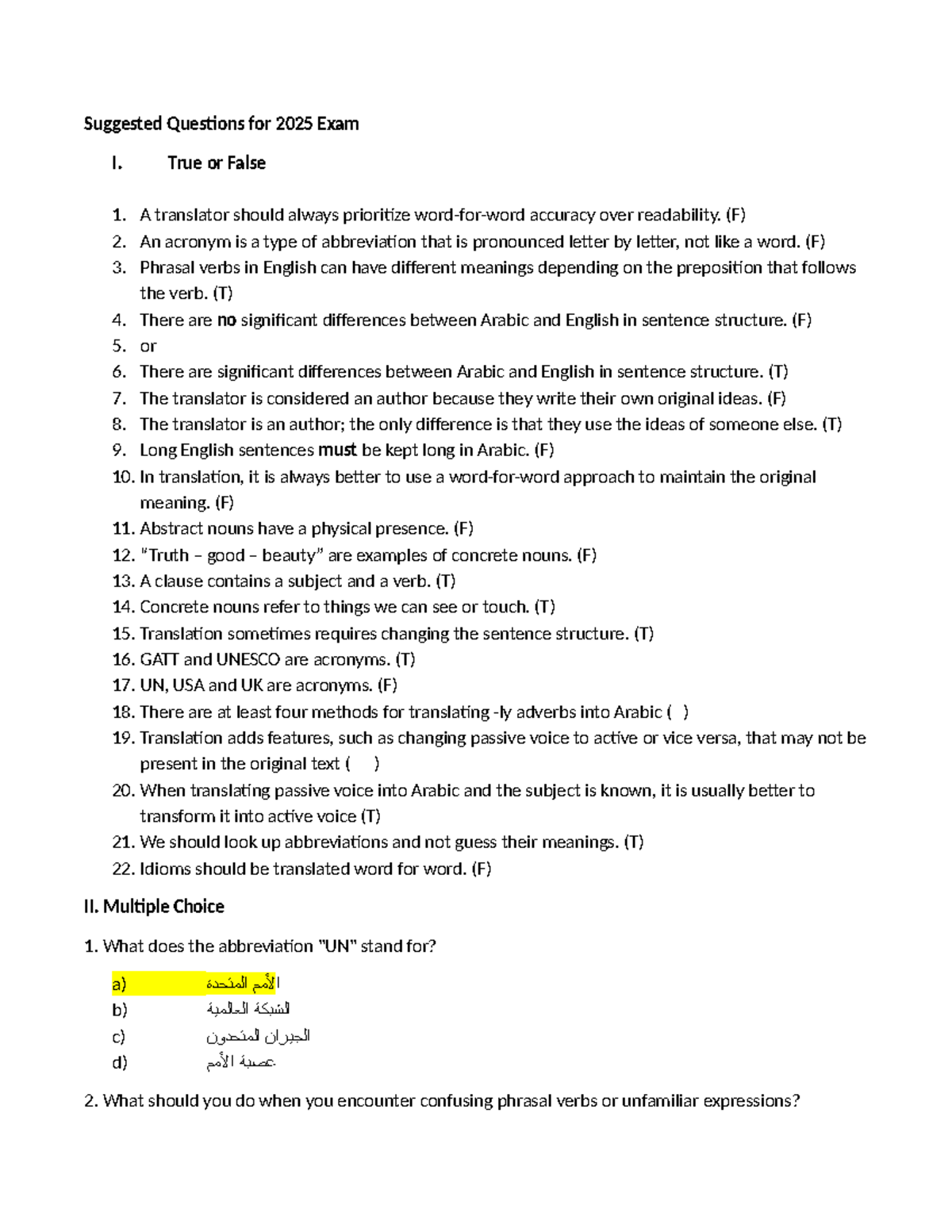 Suggested Questions for 2025 Exam I: True/False & MCQ - Studocu