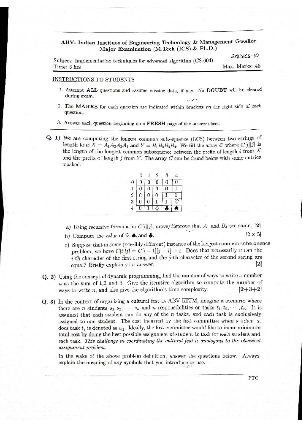 M.Tech (ICS) Major Exam: Advanced Algorithm Implementation Techniques ...