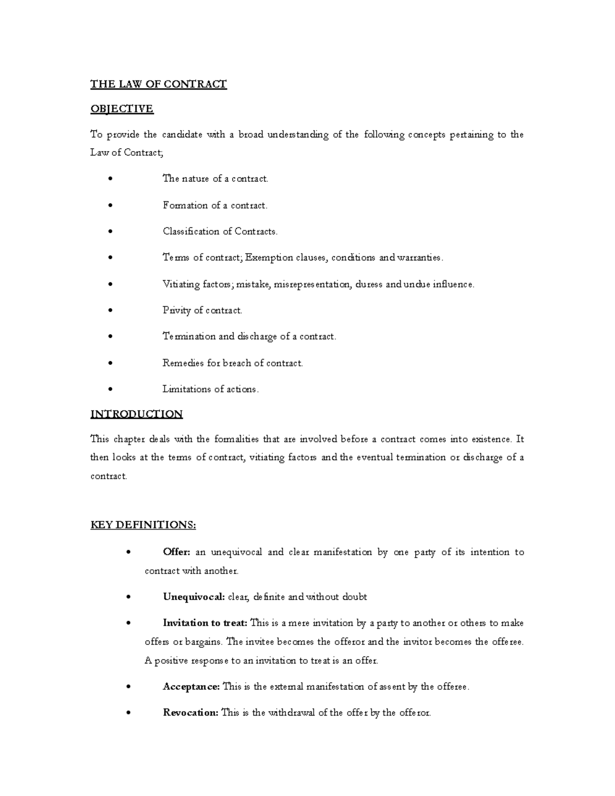 LAW 101: Comprehensive Notes on the Law of Contract Concepts - Studocu