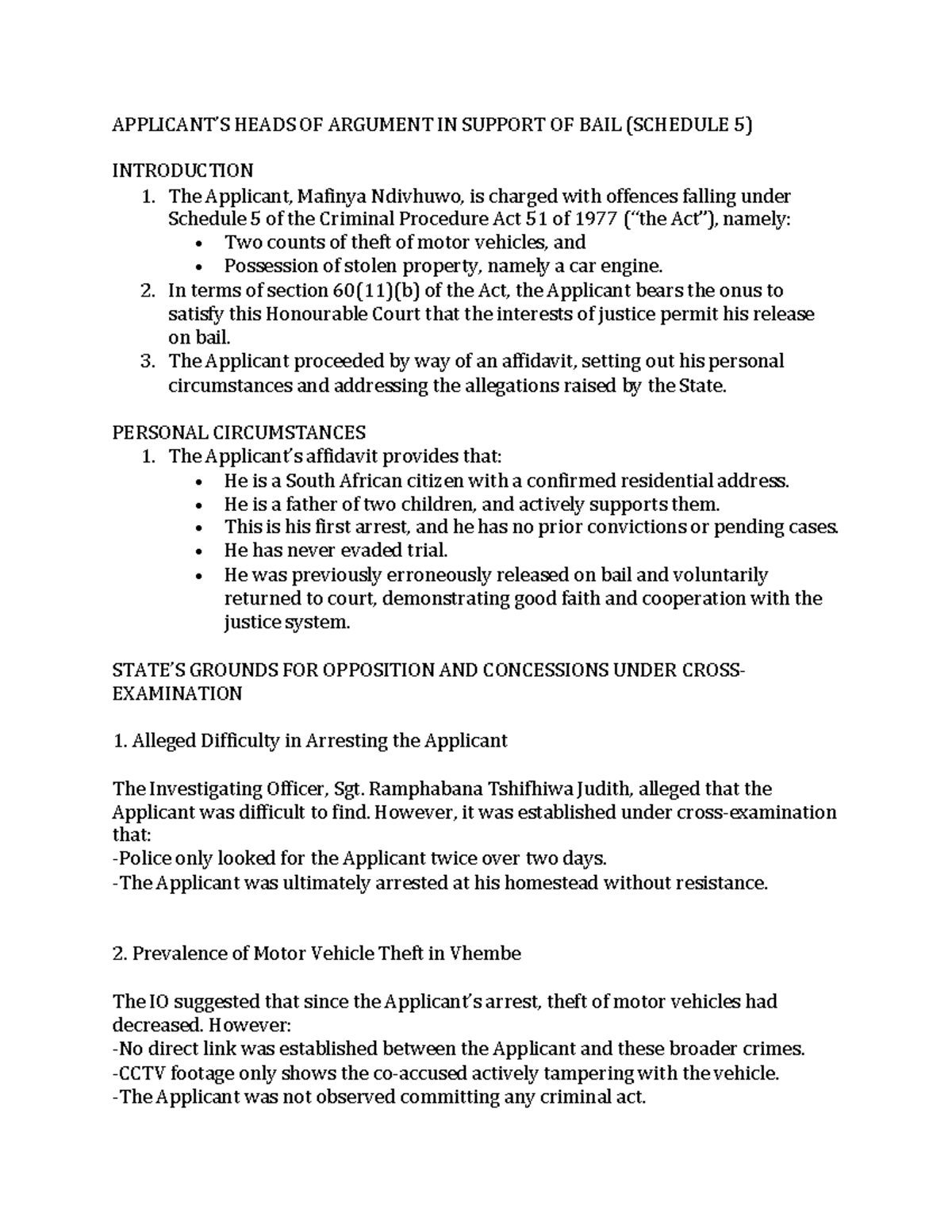 Heads of Argument for Bail Application (Schedule 5) - Studocu