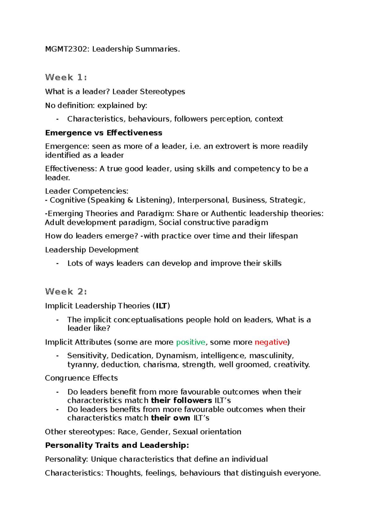 MGMT2302: Leadership Summaries - Key Concepts and Theories - Studocu