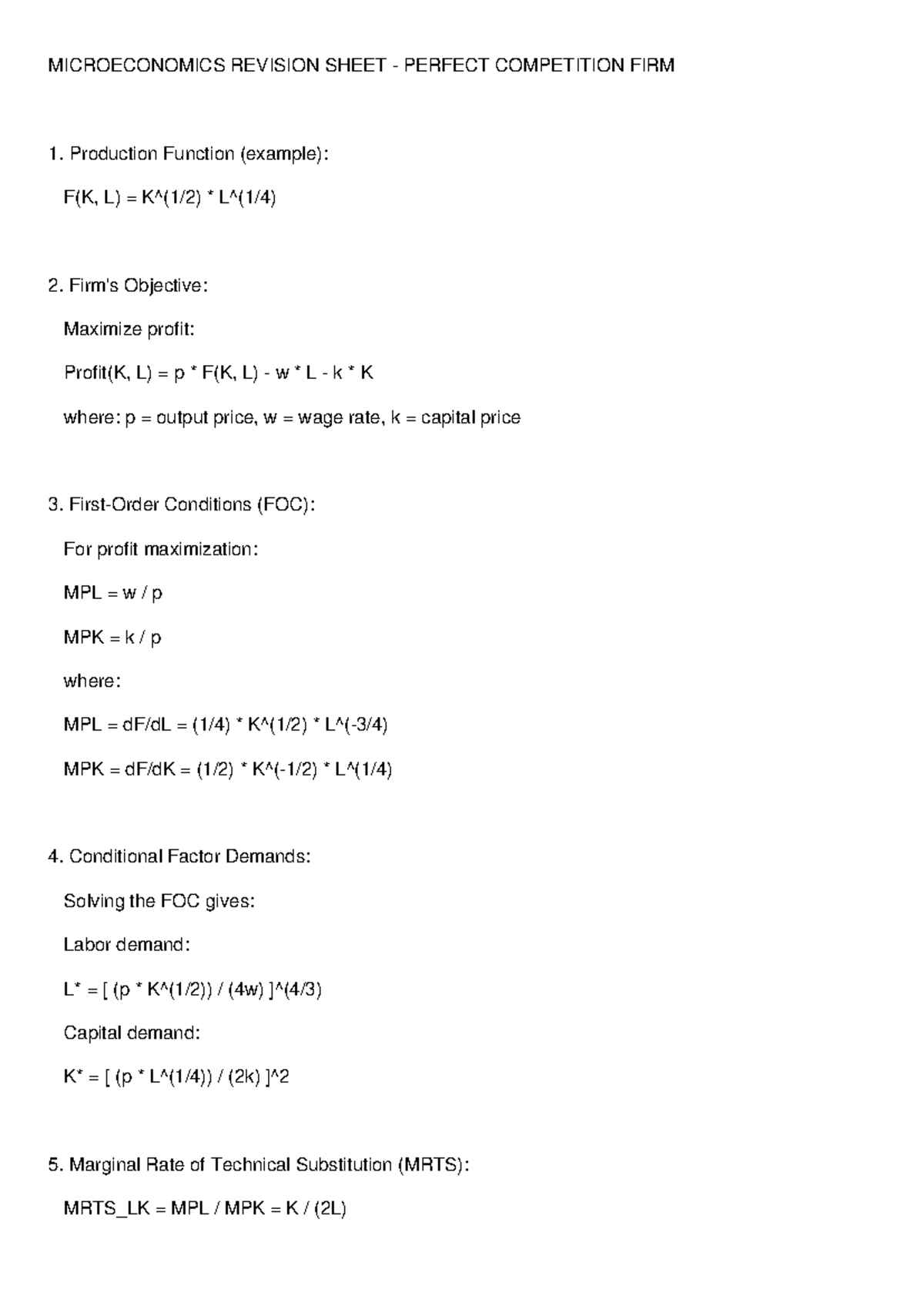 MICROECONOMICS REVISION SHEET: PERFECT COMPETITION FIRM ANALYSIS - Studocu