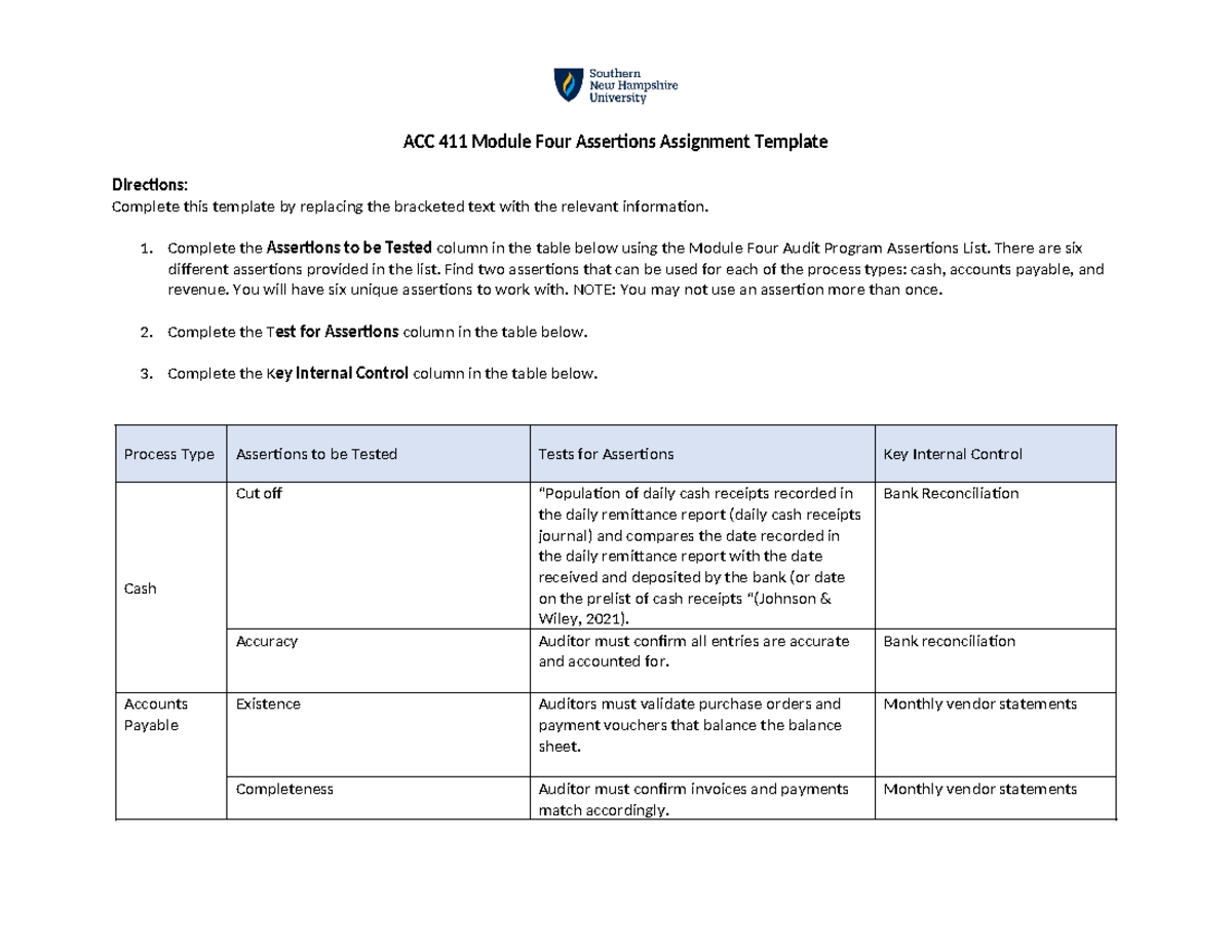 ACC 411 Module Four Assertions Assignment 4-1 Template Guide - Studocu