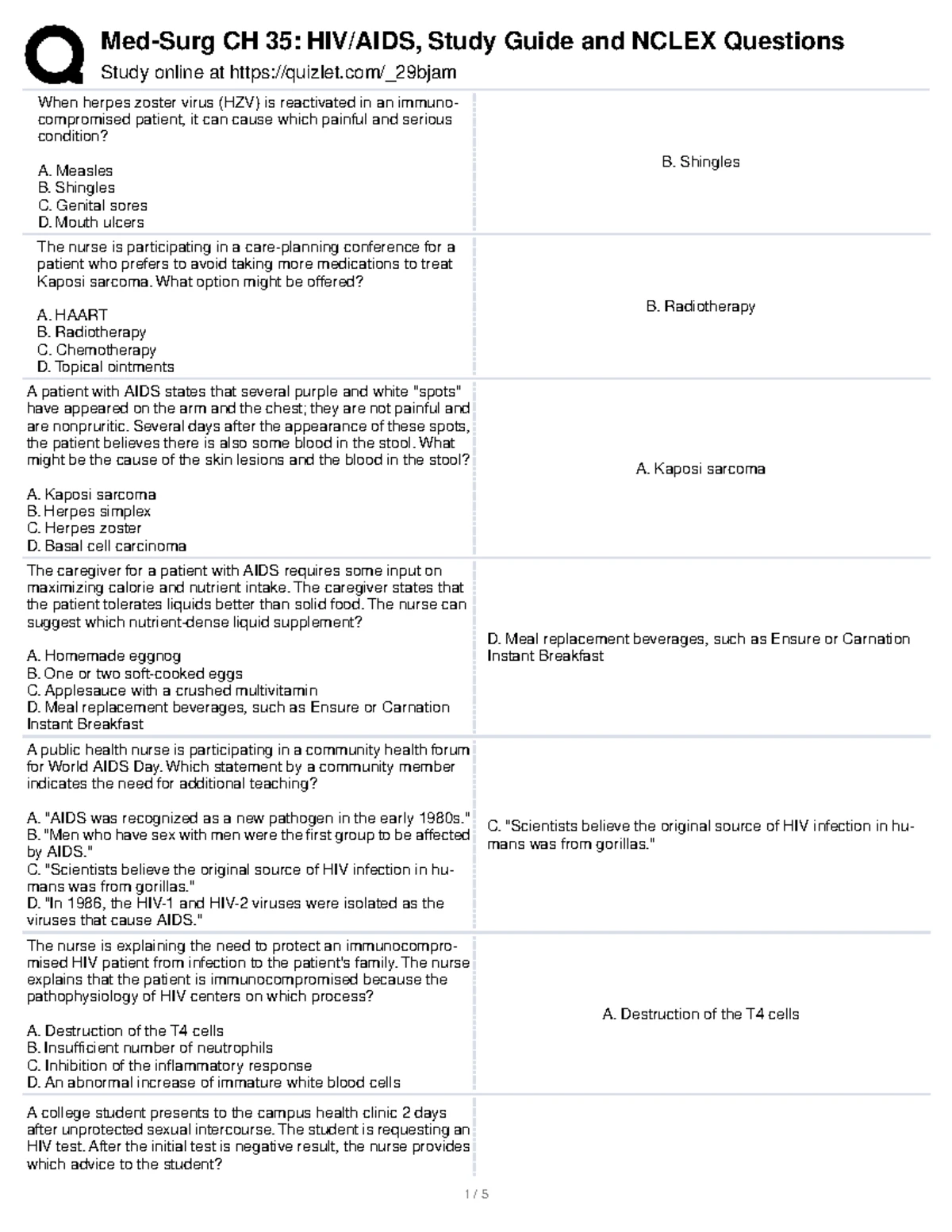HIV/AIDS Practice Questions Study Guide for Nursing Students - Studocu