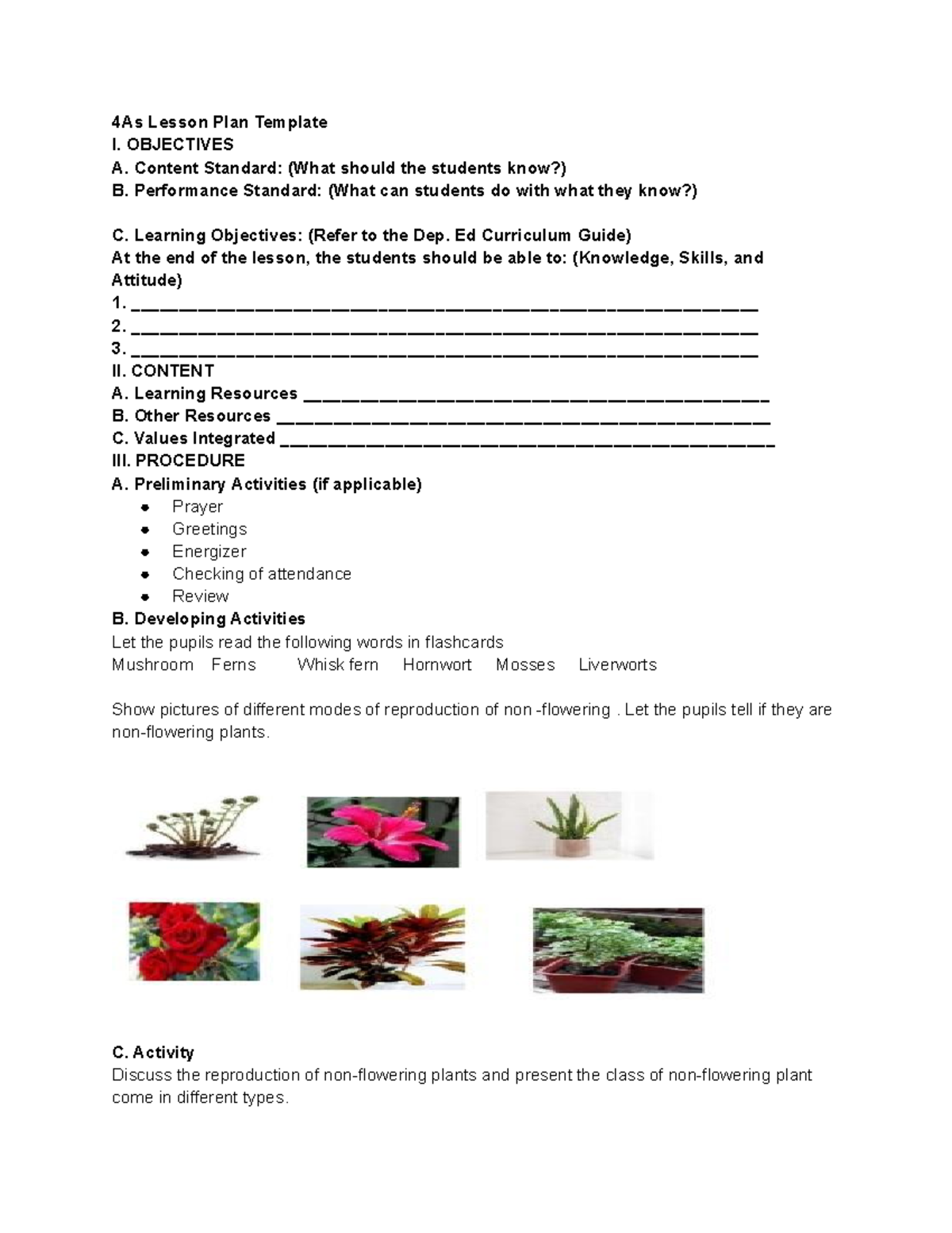 4As Lesson Plan Template for Non-Flowering Plants Activities - Studocu