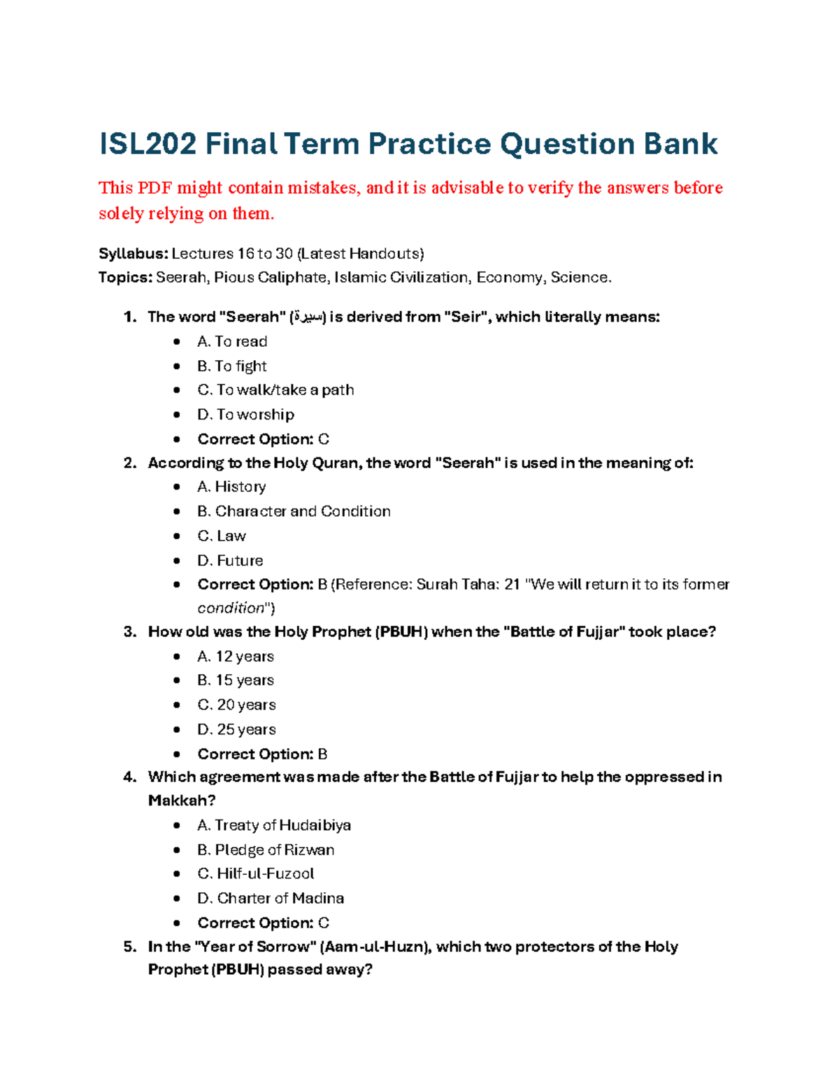 ISL202 Final Term MCQs Practice Question Bank - Studocu