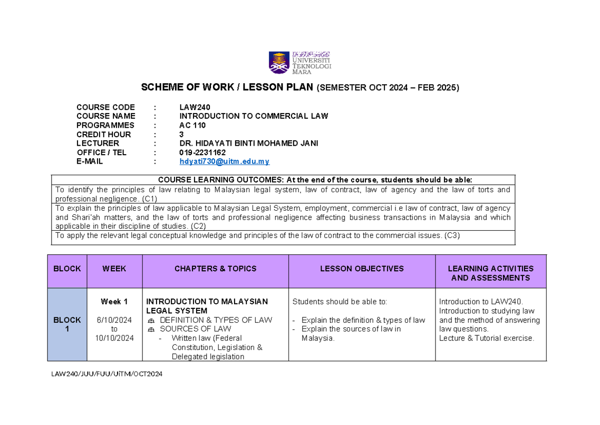 S.O.W LAW240 Introduction to Commercial Law Lesson Plan (Oct 2024 - Feb ...