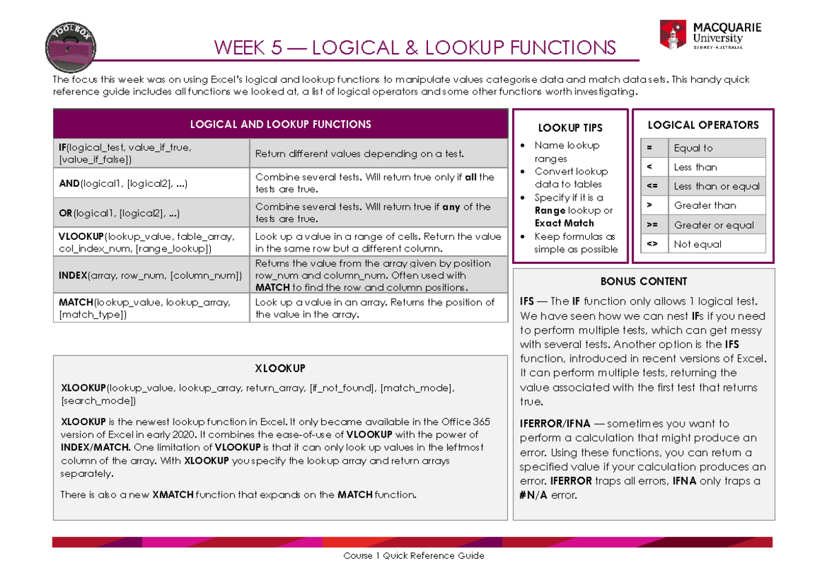 C1 WEEK 5 LOGICAL & LOOKUP FUNCTIONS QUICK REF GUIDE - Studocu