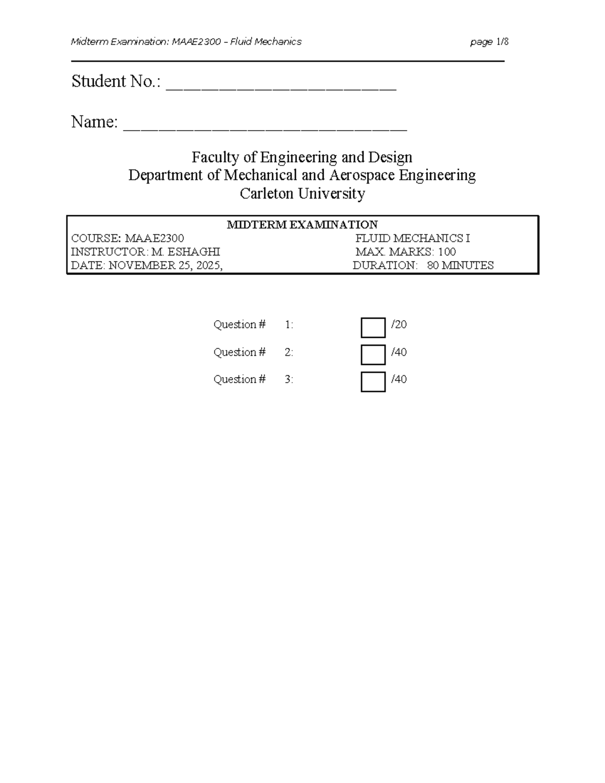 Midterm Exam Solutions: MAAE2300 Fluid Mechanics - Studocu