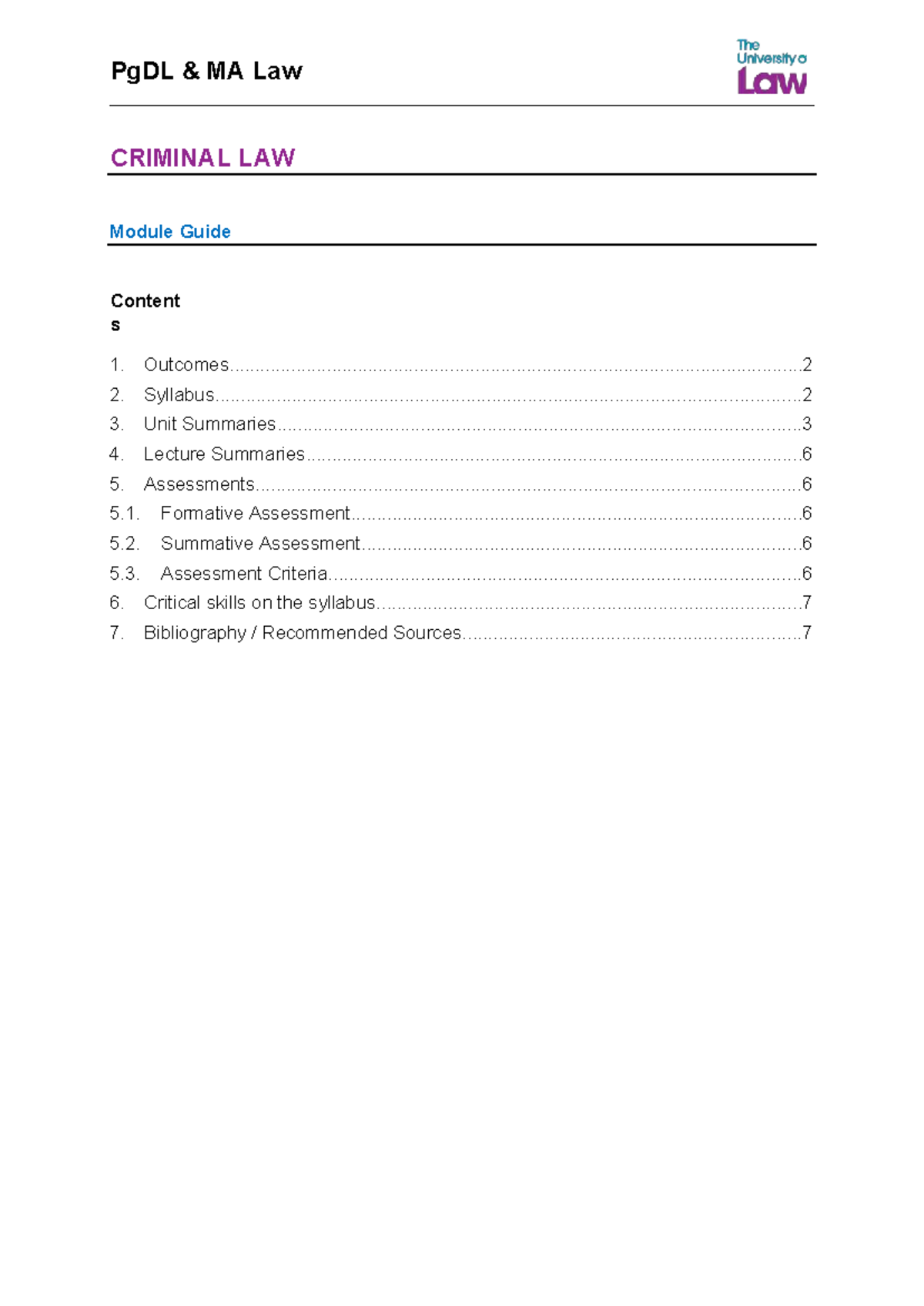 PgDL MA Law: Criminal Law Module Guide and Syllabus Overview - Studocu