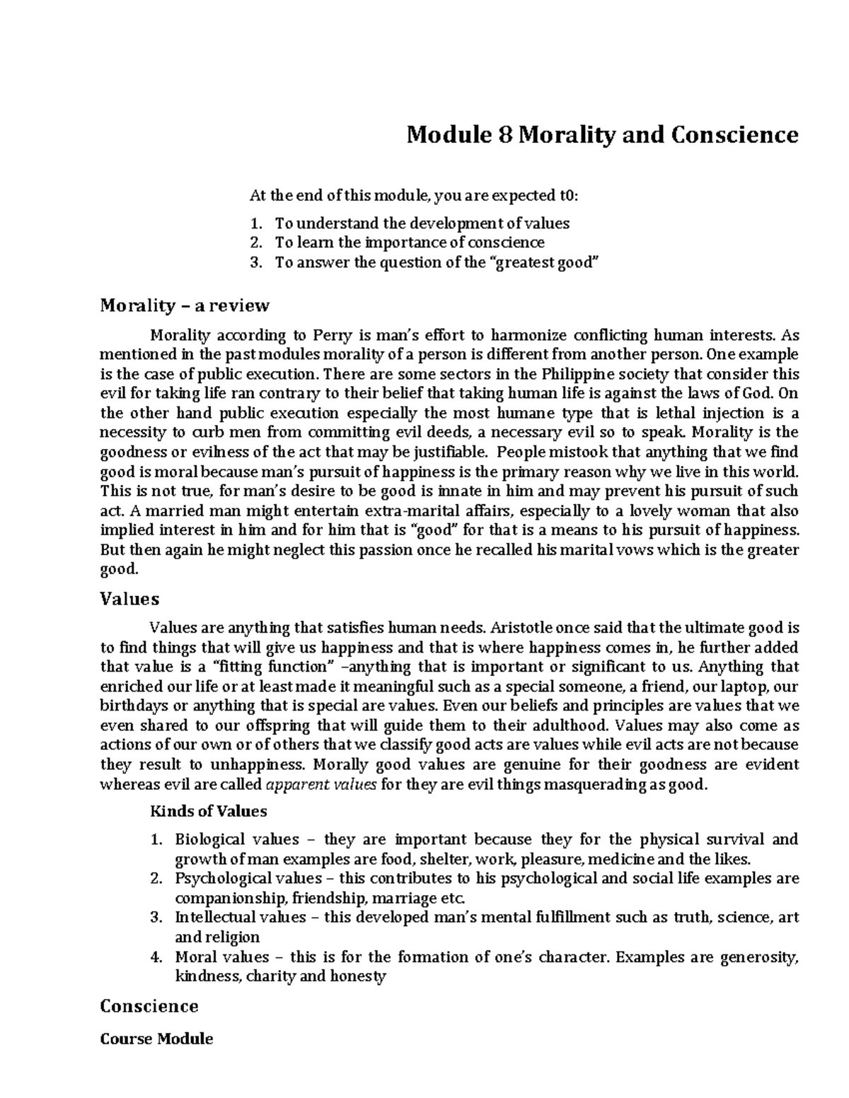 W7-008: Morality & Conscience - Understanding Values and Ethics - Studocu