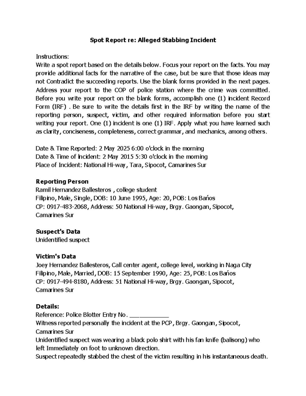 CDI 5 Spot Report: Stabbing Incident on May 2, 2025 - Studocu