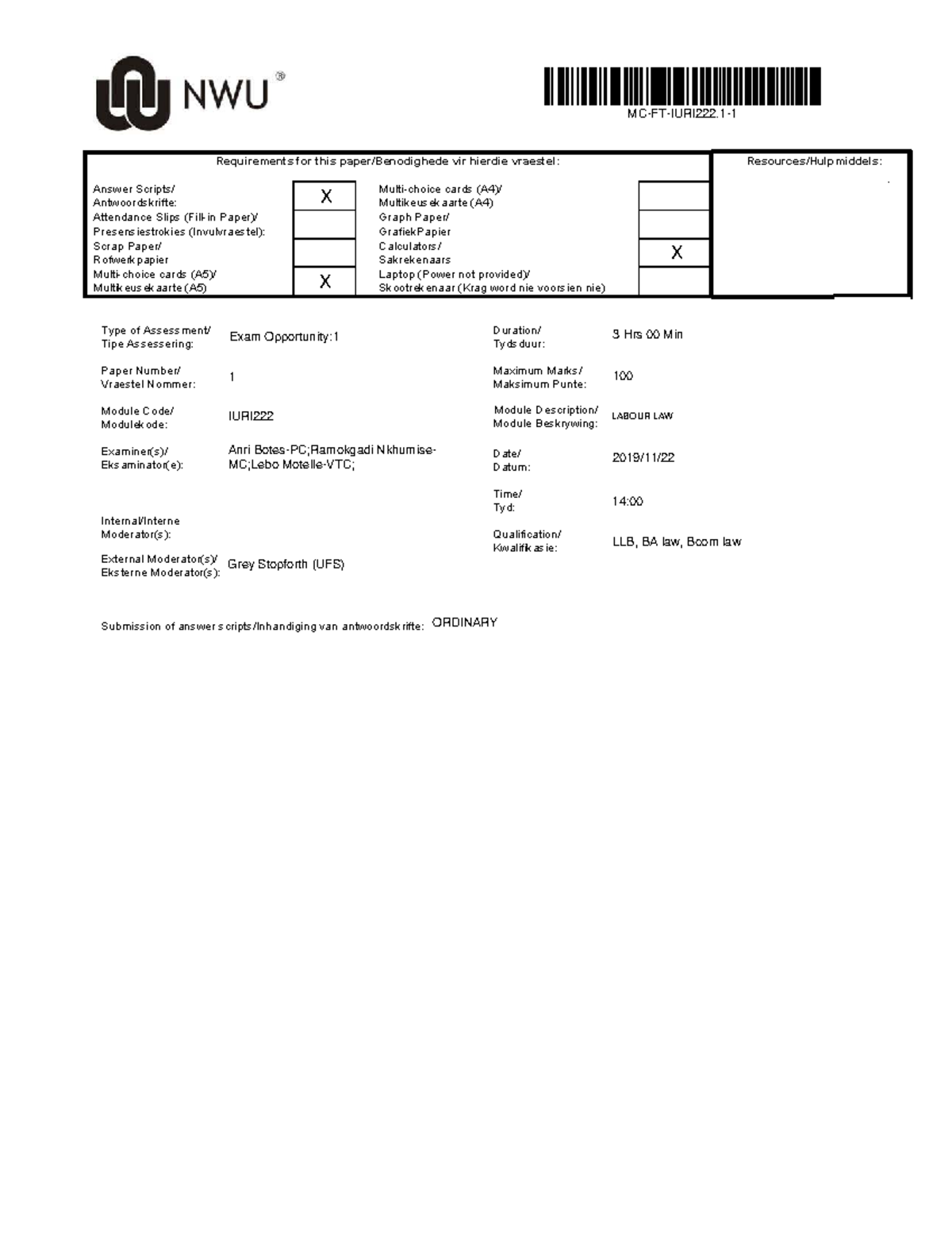 IURI 222 Labour Law Past Exam Paper - November 2019 - Studocu