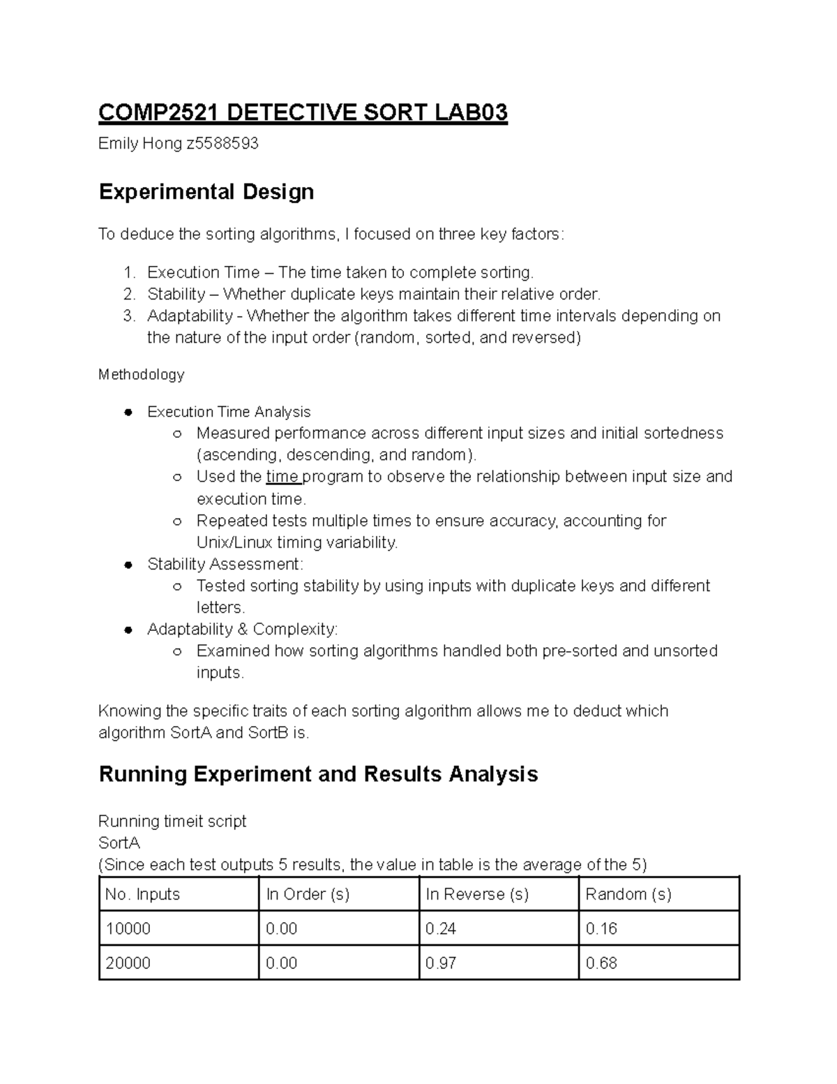 COMP2521 Final Report - Lab03: Sorting Algorithm Analysis - Studocu