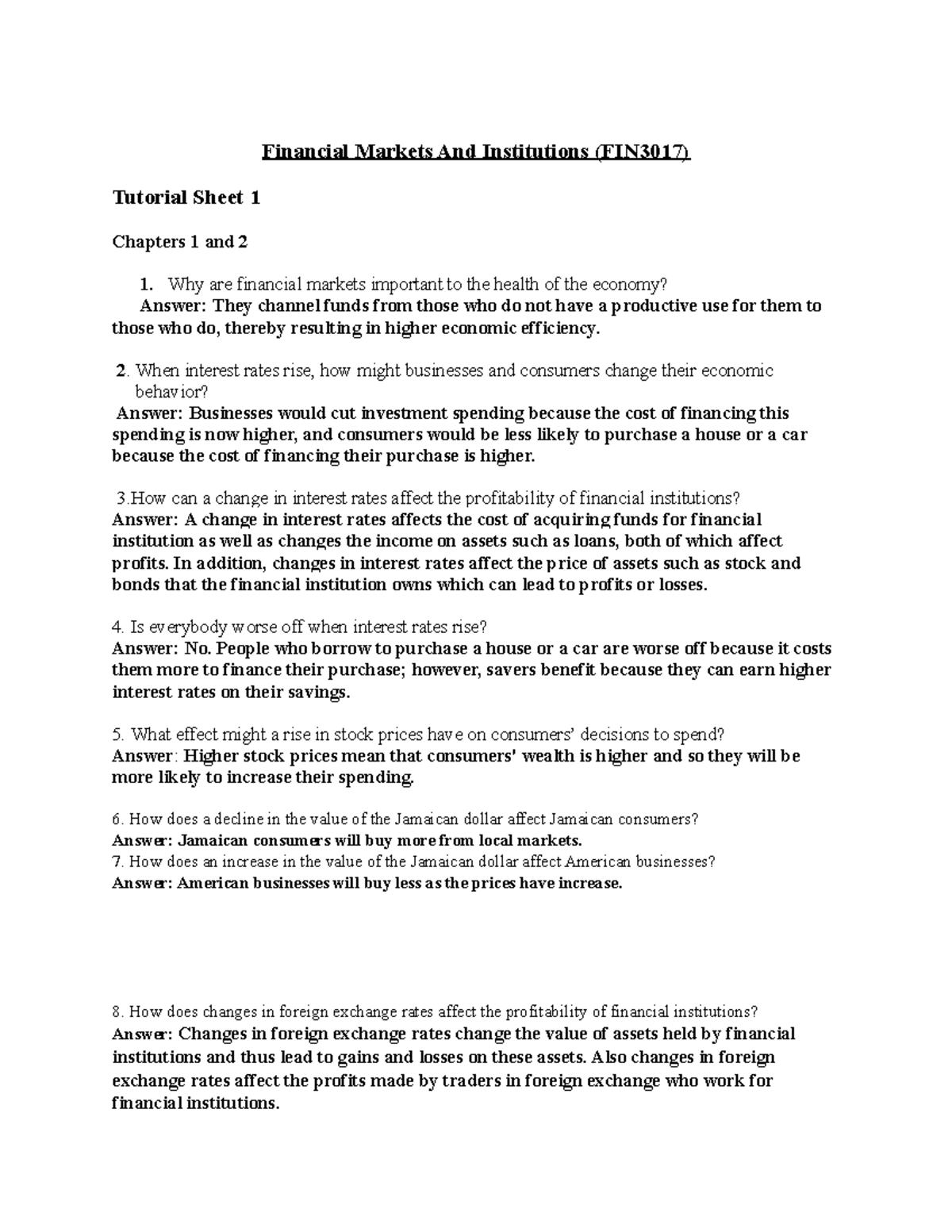 FIN3017 Financial Markets & Institutions Tutorial Sheet 1 Solutions ...