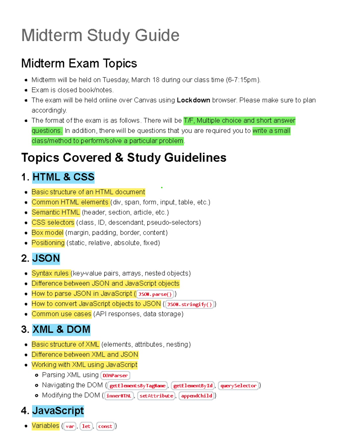 Midterm Study Guide for CS-174 Sec 01: Server Web Programming - Midterm ...