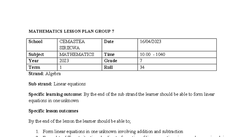 MATHEMATICS LESSON PLAN G7: Linear Equations in One Unknown - Studocu