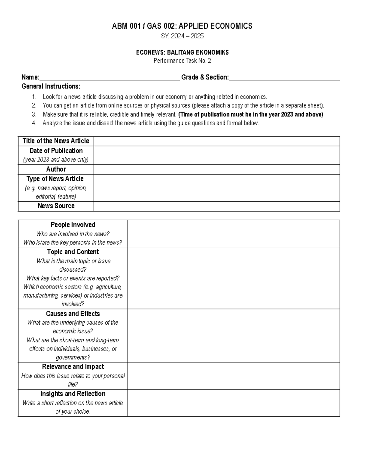 ABM 001 Perfromance Task No - ABM 001 / GAS 002: APPLIED ECONOMICS SY ...