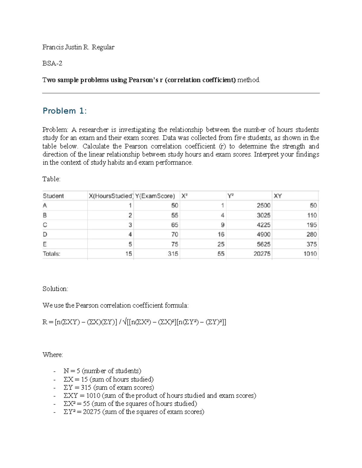Regular Two Sample Problems Using R (Correlation Coefficient) - Studocu