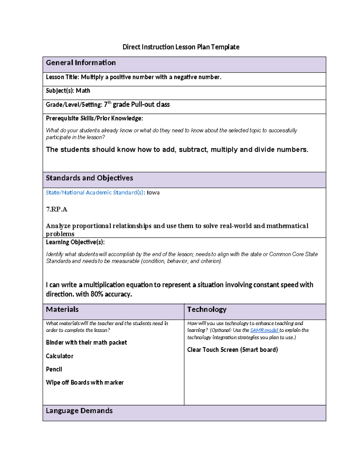 Lesson Plan Math 1 - Direct Instruction Lesson Plan Template General ...
