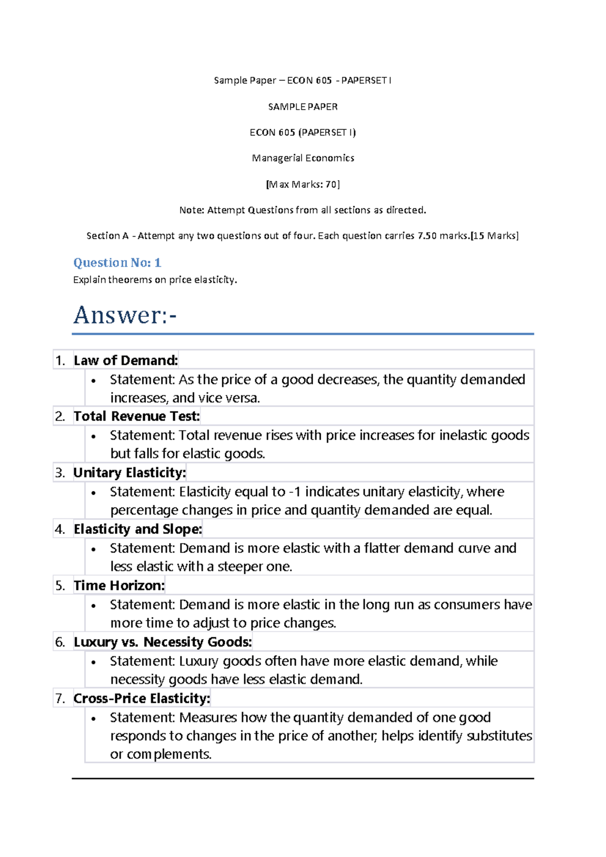 Ecomomics sample paper solution - Sample Paper – ECON 605 - PAPERSET I ...