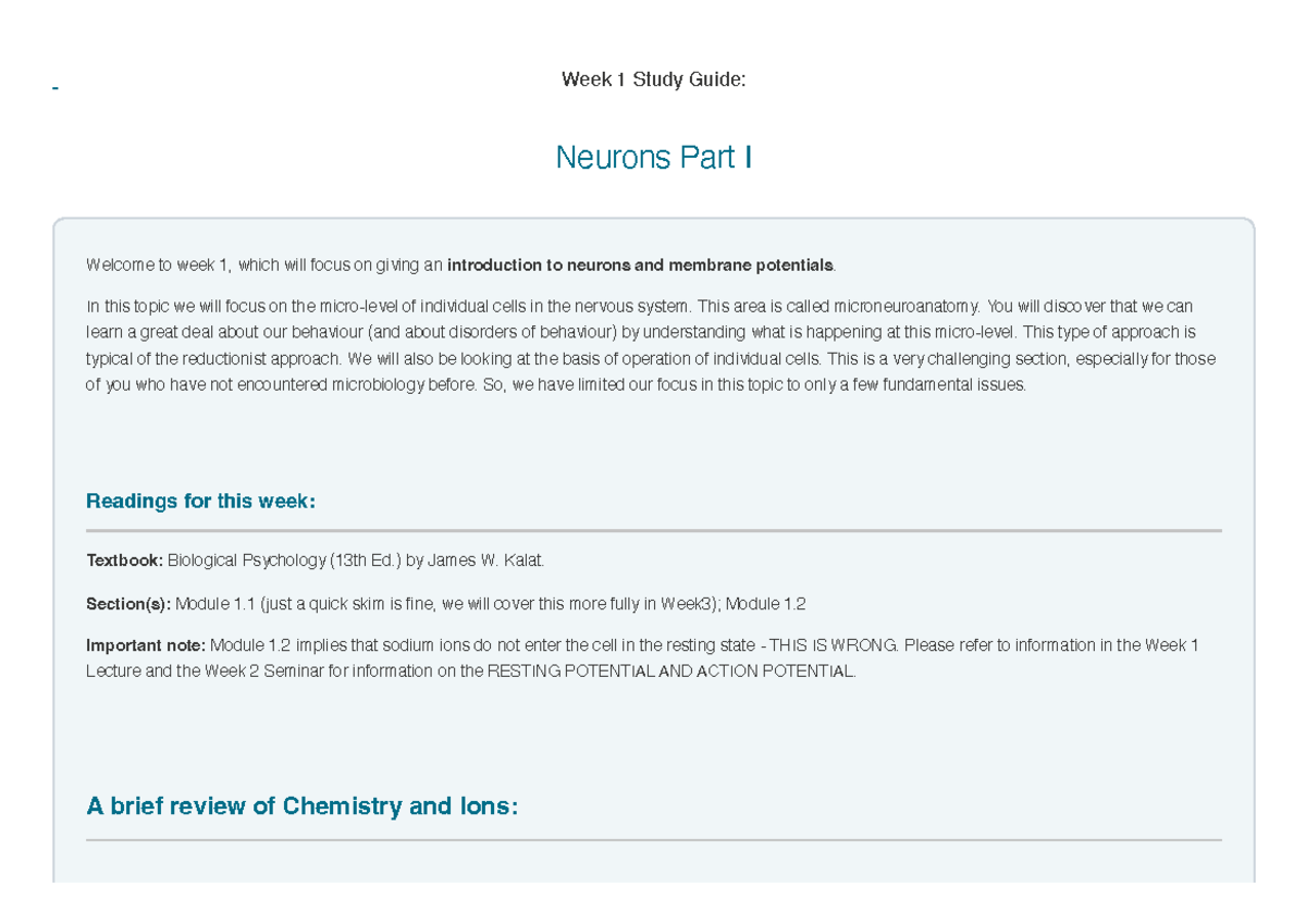 Neurons Part I Study Guide: Week 1 Overview and Key Concepts - Studocu