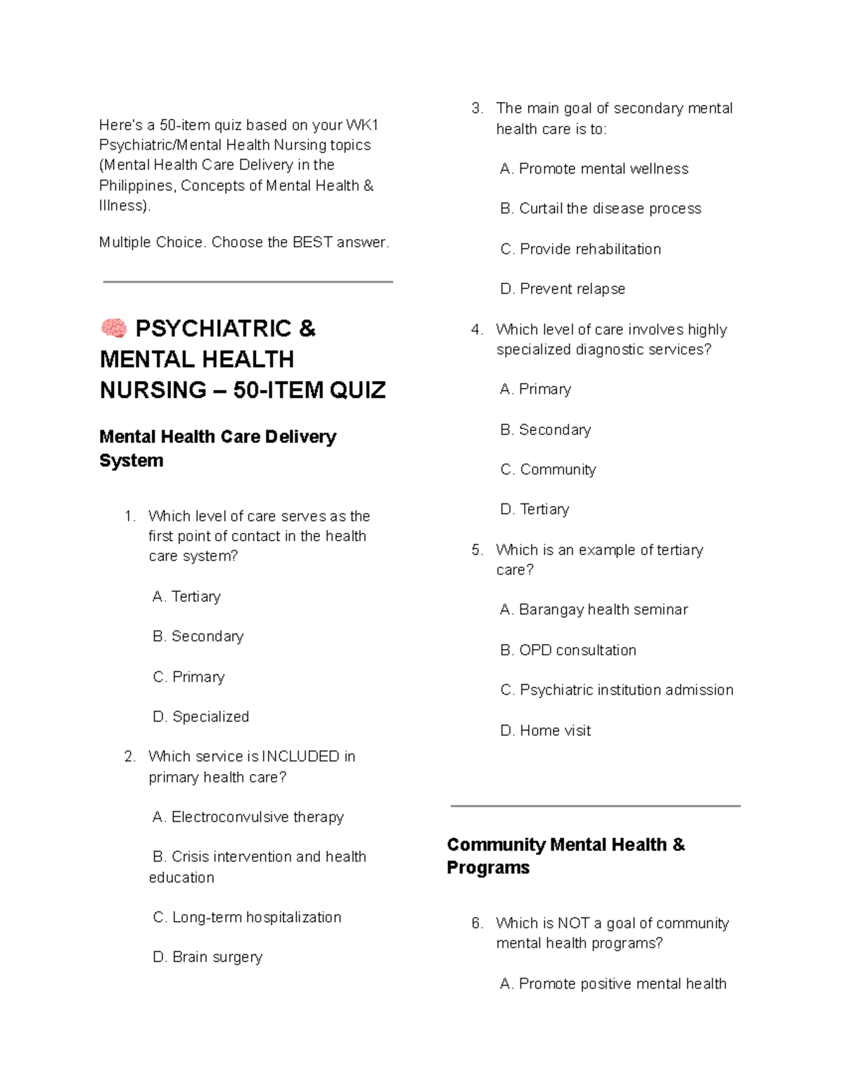 PSYCHIATRIC MENTAL HEALTH NURSING QUIZ: WK1 Topics on Mental Health ...