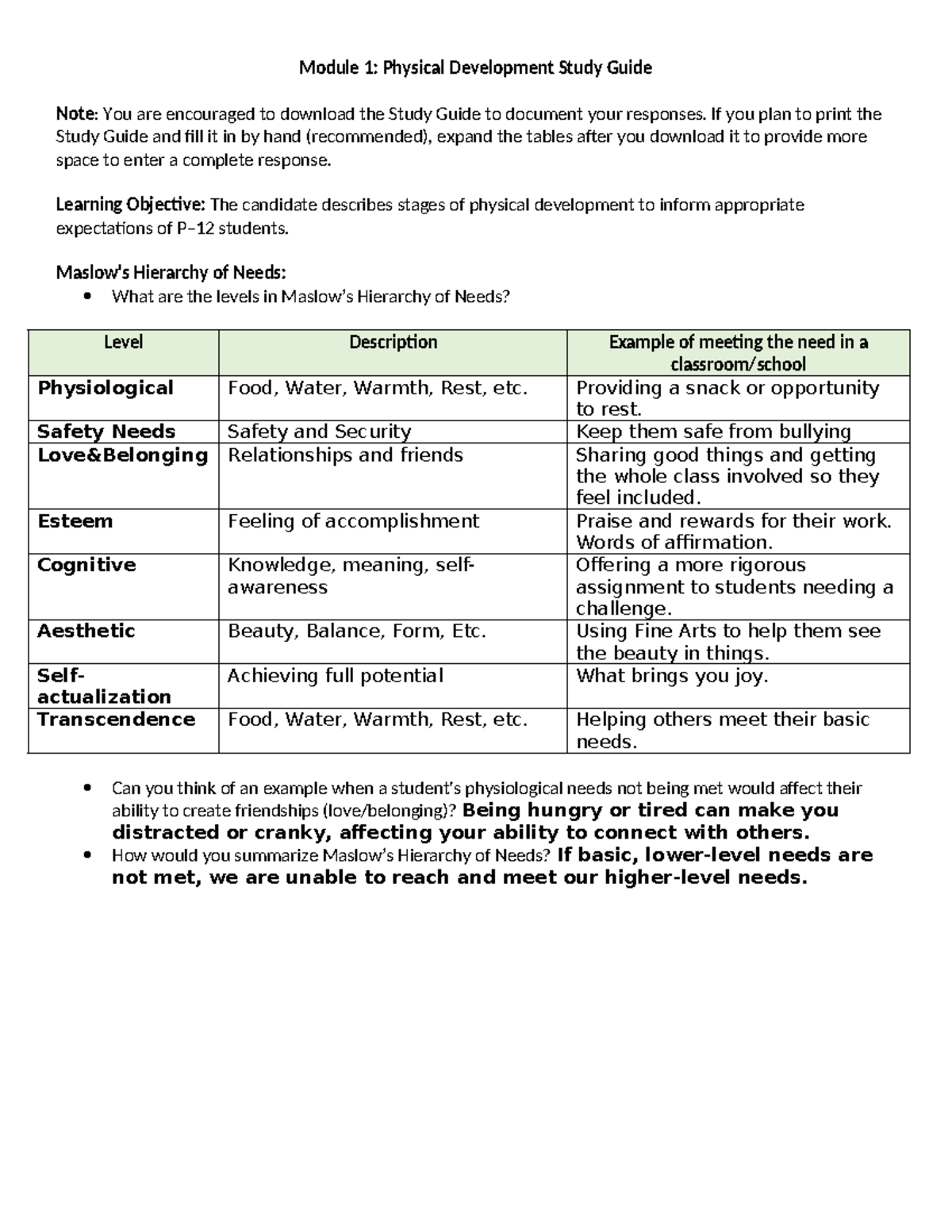 D094 Module 1: Physical Development Study Guide & Hierarchy of Needs ...