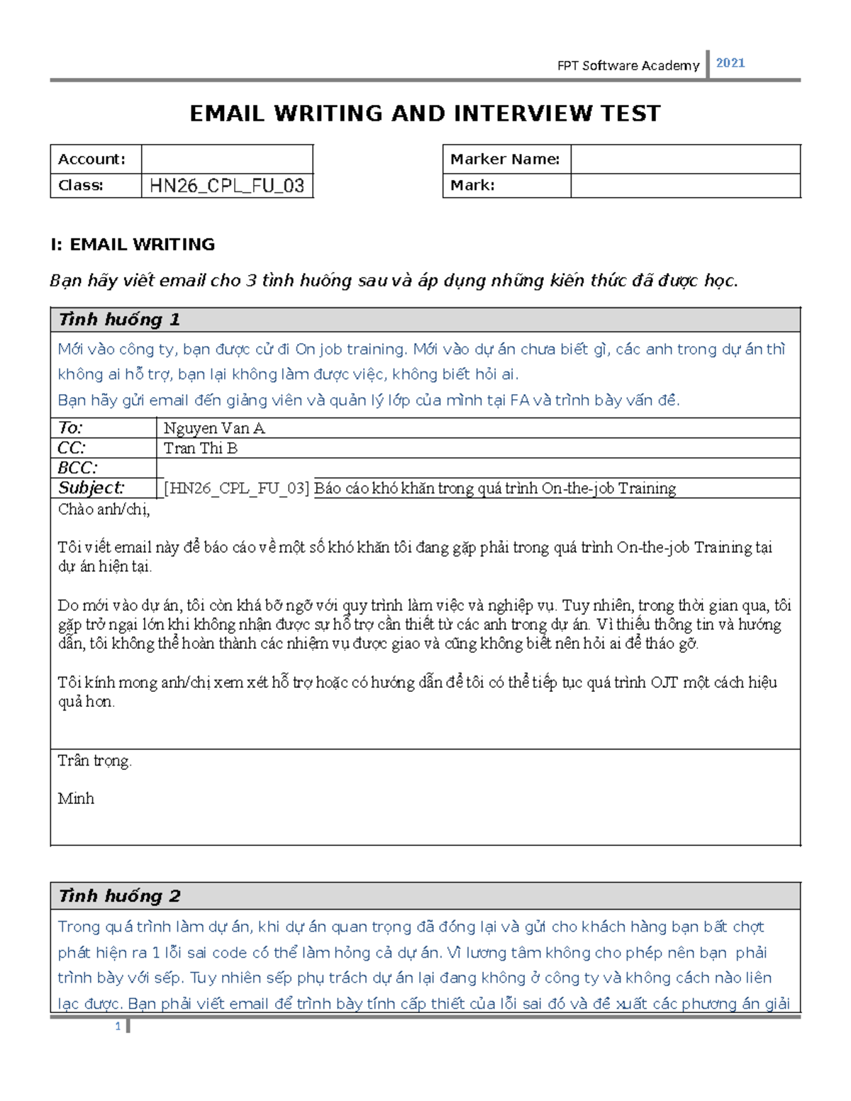 FPT Software Academy 2021: Email Writing & Interview Test - Studocu