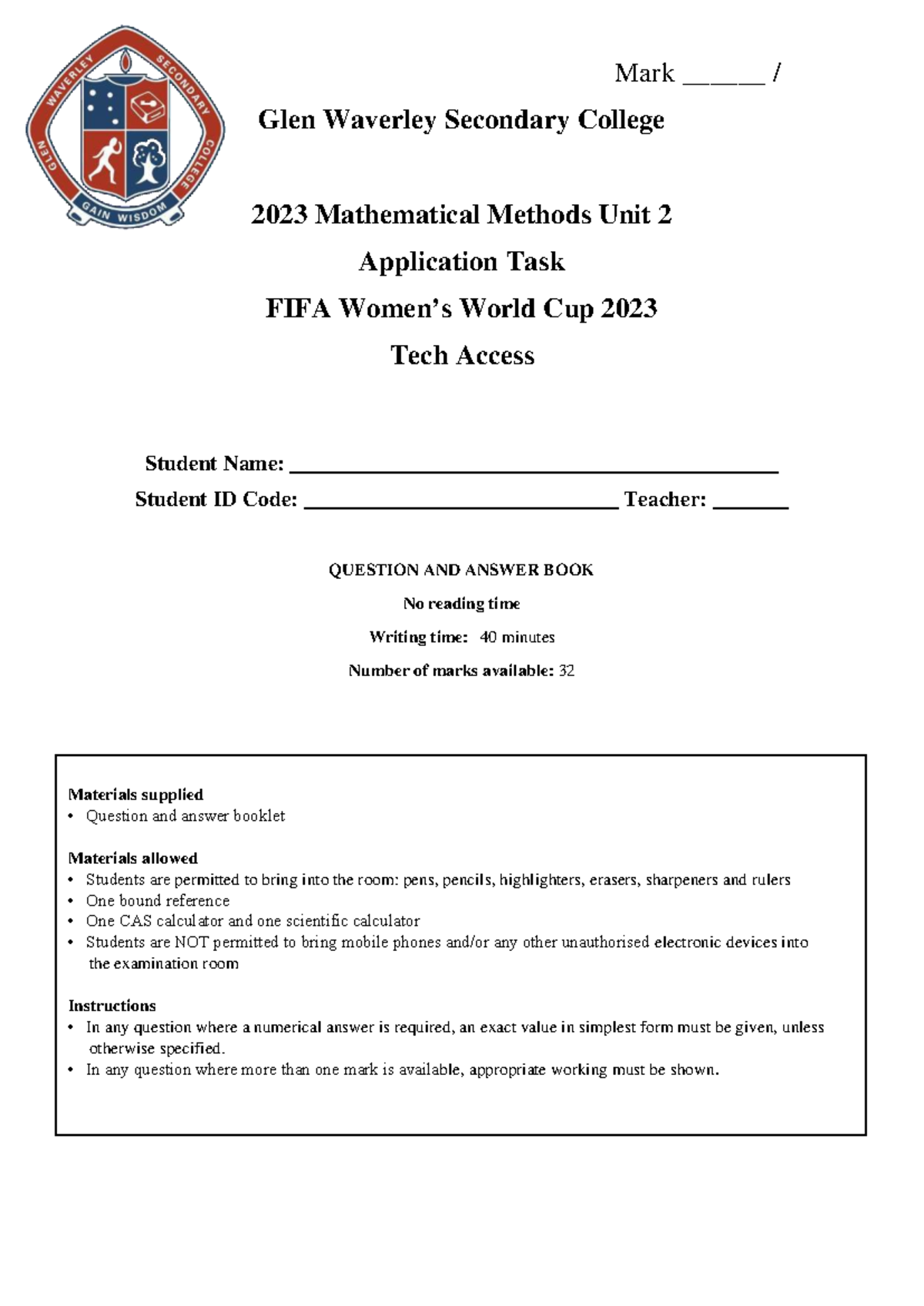 Mathematical Methods Unit 2 Application Task Revision Pack 2023 - Studocu