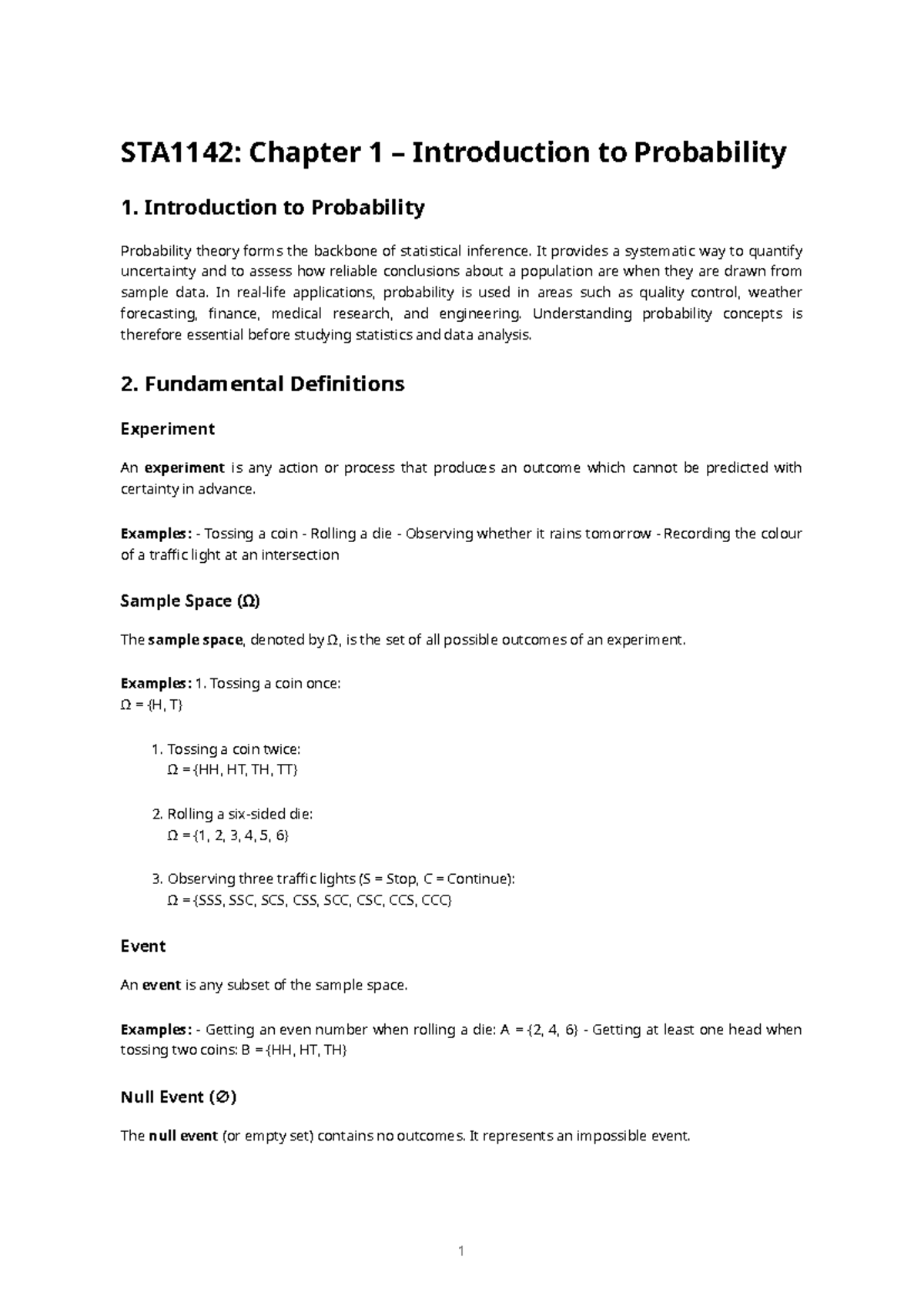 STA1142: Chapter 1 - Introduction to Probability Concepts - Studocu