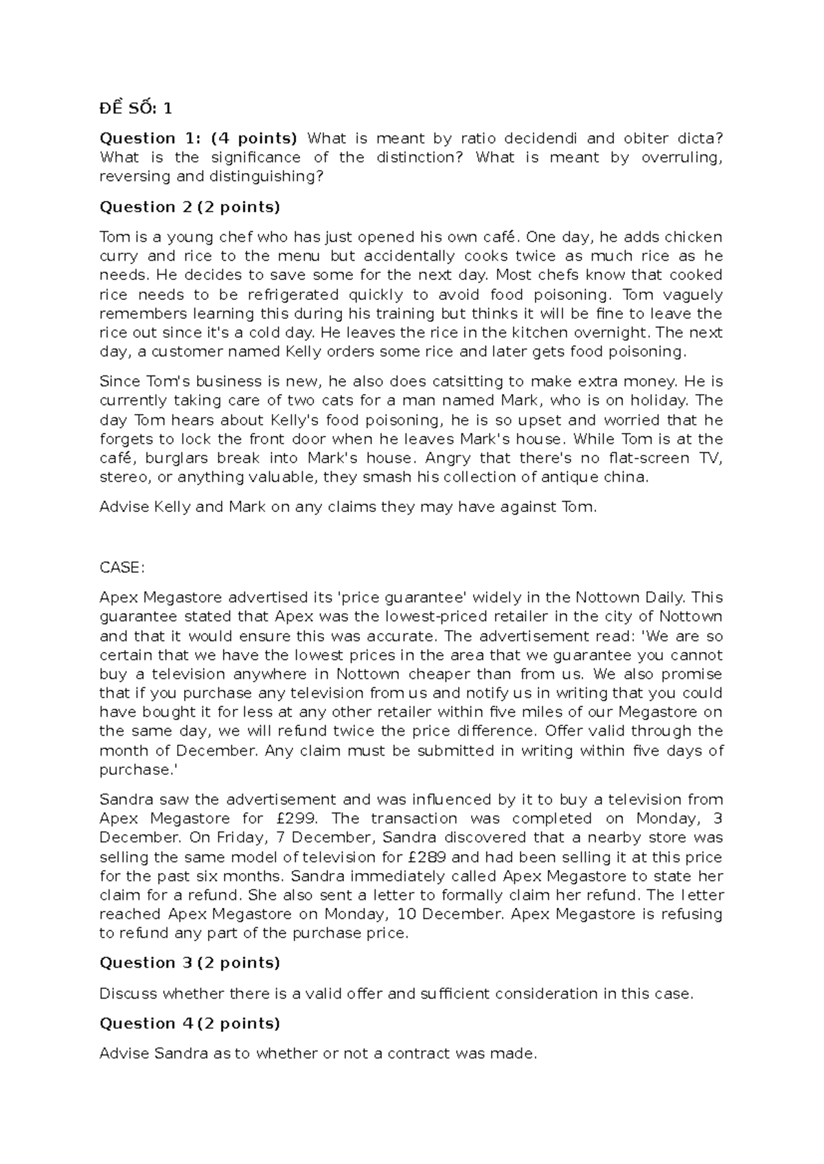 Final Exam - Business Law (BL101): Tort and Contract Law Analysis - Studocu