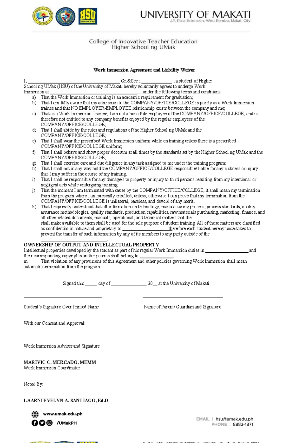Work Immersion Agreement & Liability Waiver - HSU - Studocu