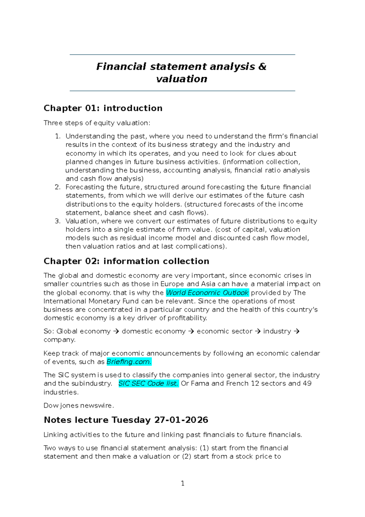 Financial Statement Analysis & Valuation (FSAV) Lecture Notes Summary ...