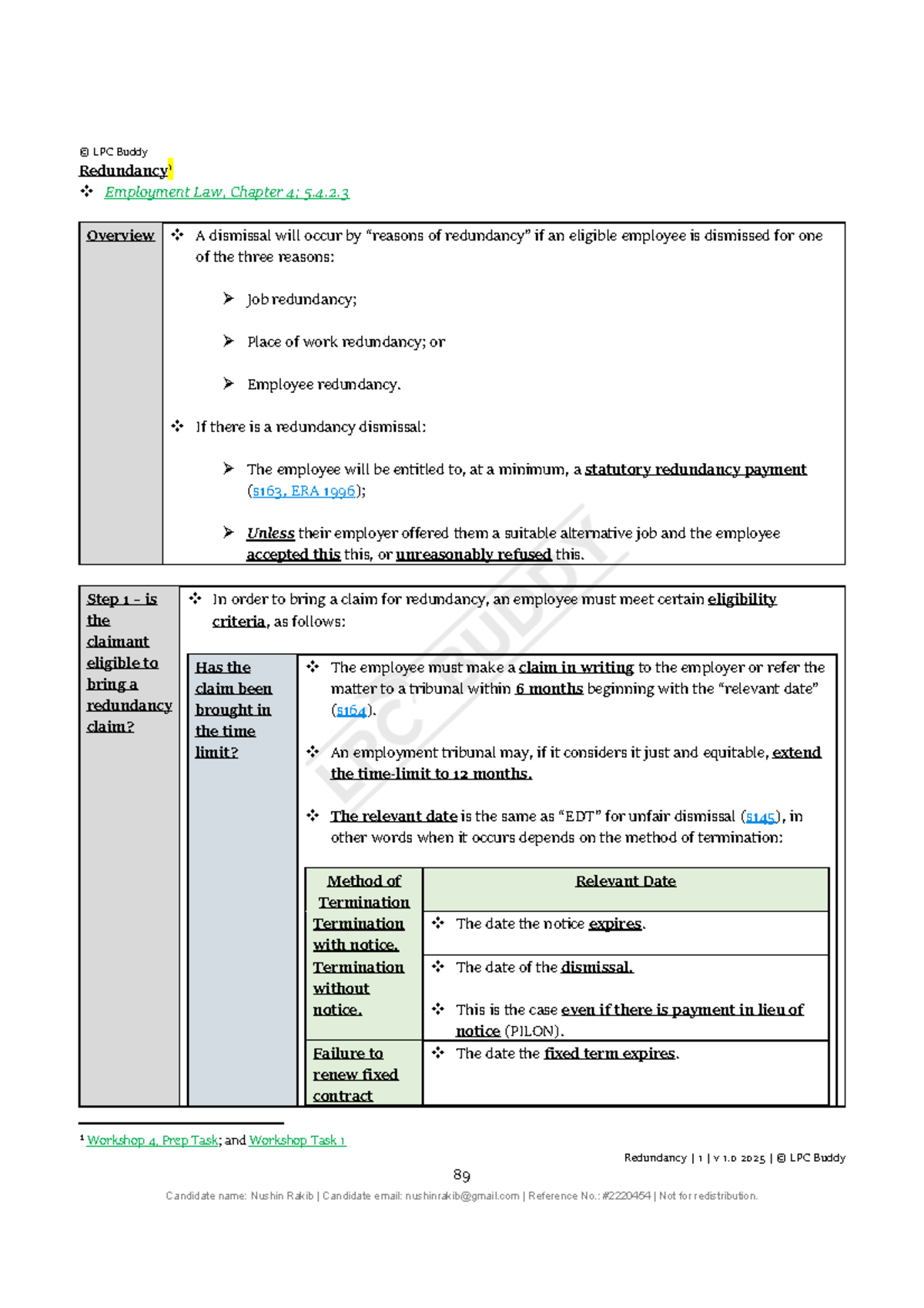 LPC Buddy Employment Law: Redundancy Overview and Claims Process - Studocu