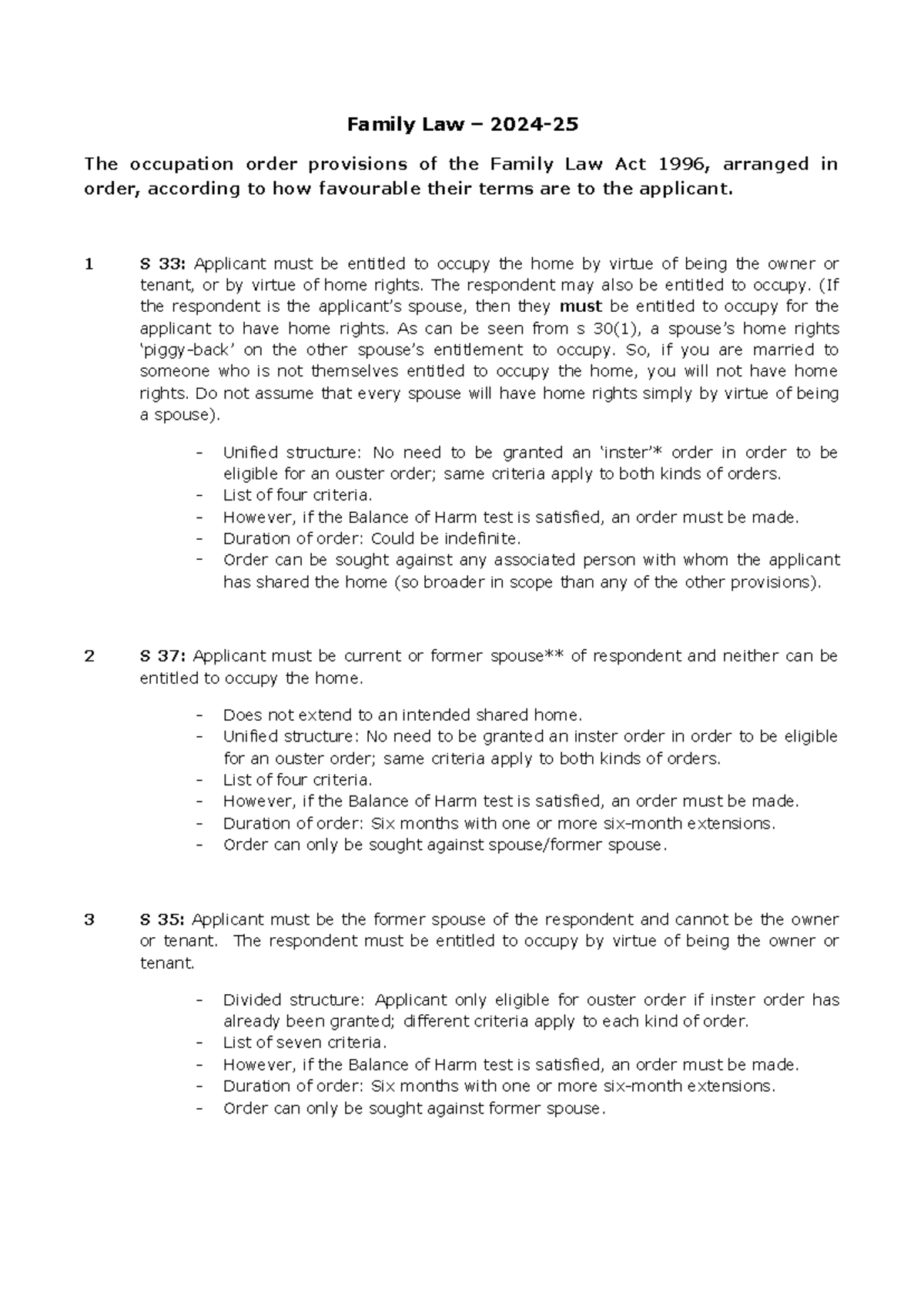 Tut 2 Occupation Orders Handout 24-25 - Family Law – 2024- The ...