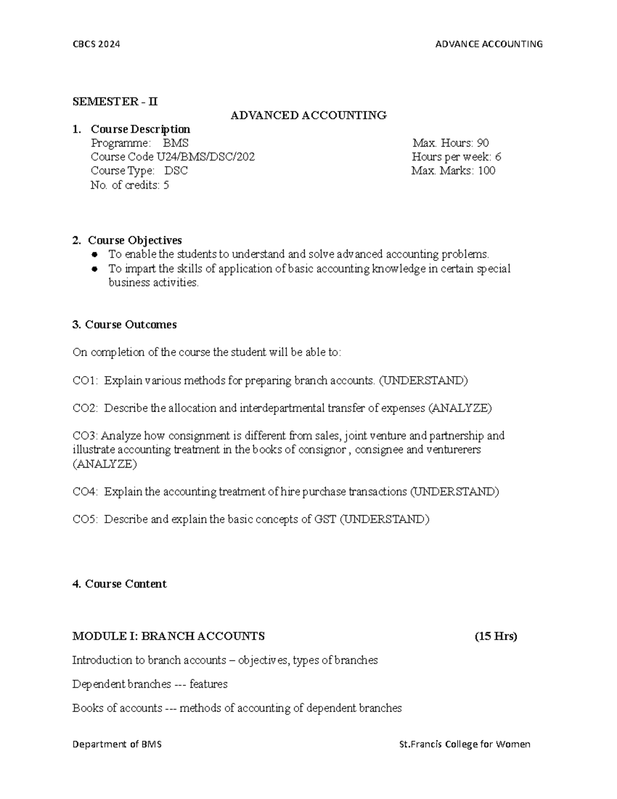 CBCS 2024 ADVANCED ACCOUNTING SEM II COURSE OVERVIEW AND CONTENT - Studocu