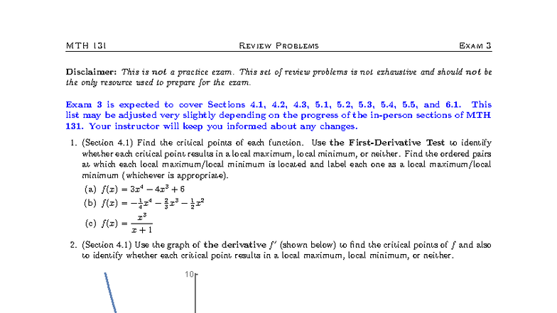 MTH 131 Exam 3 Review Problems and Solutions - Studocu