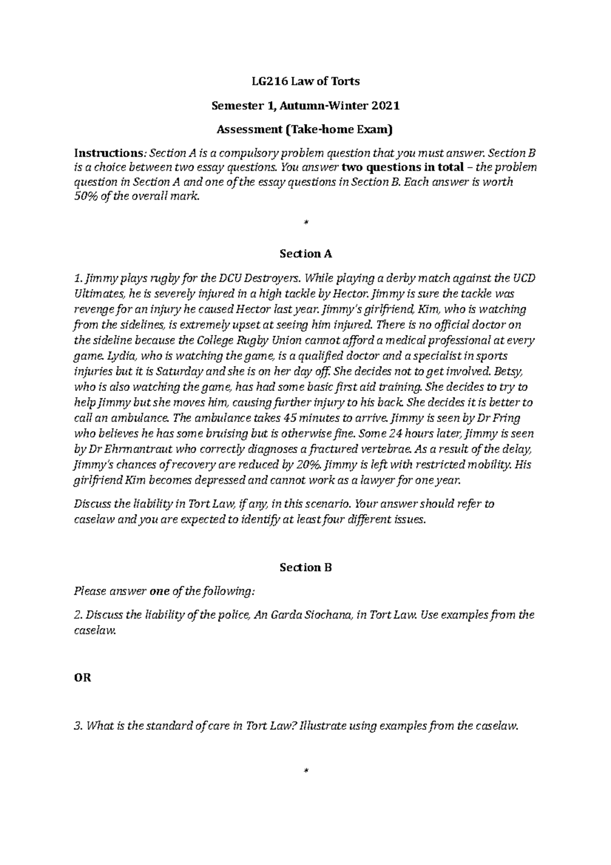 LG216 Assessment - Take-Home Exam - LG216 Law of Torts Semester 1 ...