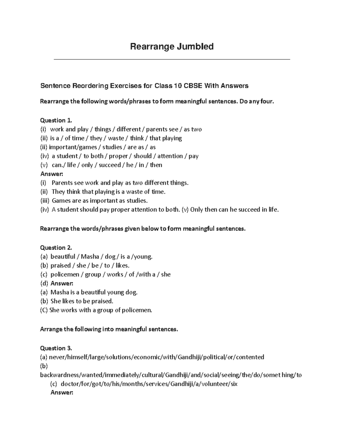 Rearranging Jumbled Sentences Exercises for Class 10 CBSE with Answers ...