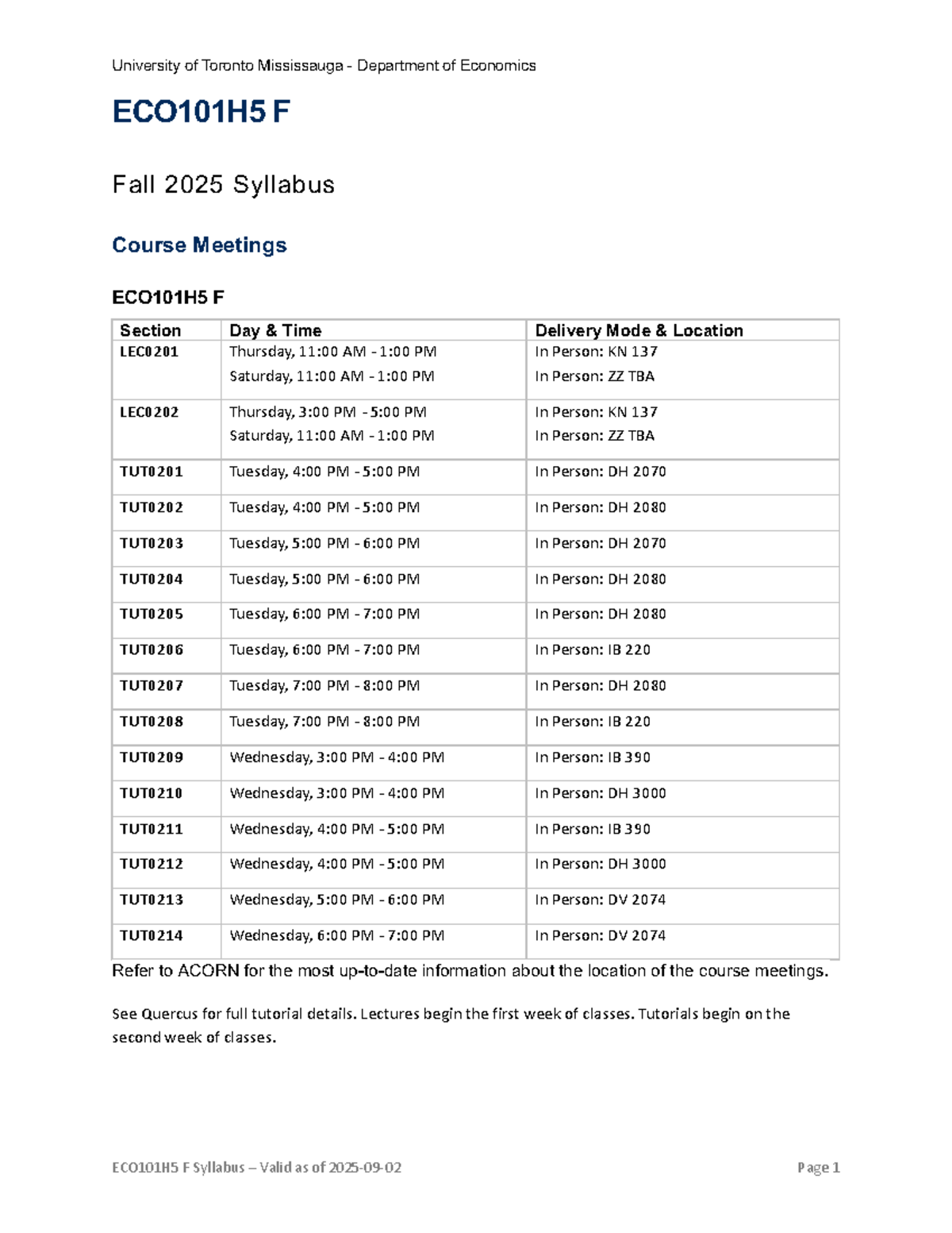 ECO101H5 F Fall 2025 Course Syllabus and Meeting Details - Studocu