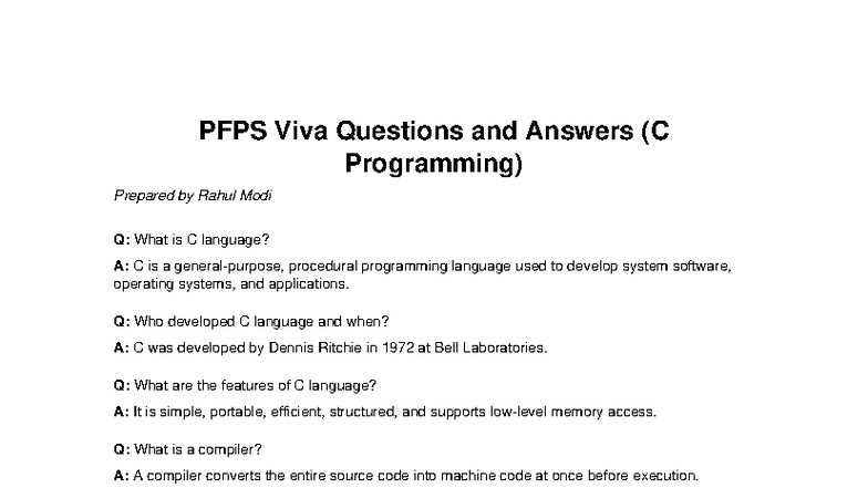 PFPS C Programming Viva Questions & Answers by Rahul Modi - Studocu