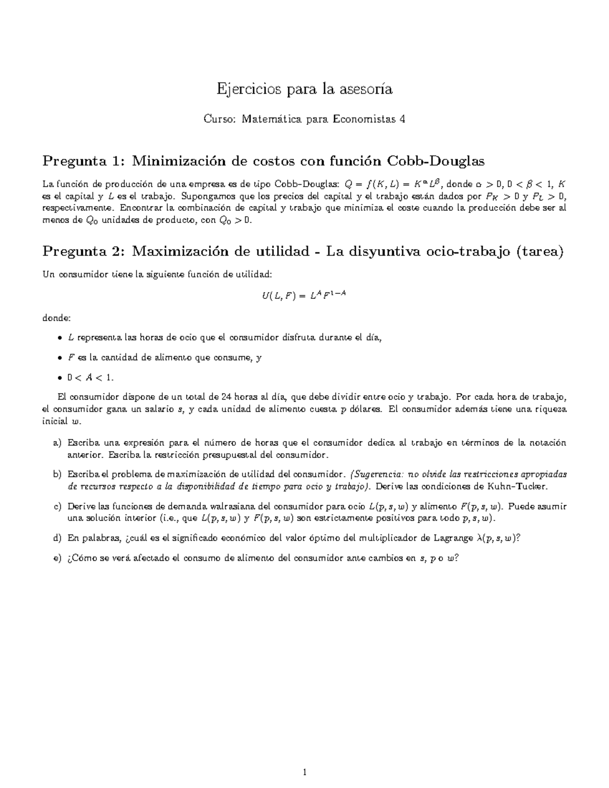 Ejercicios de Matemáticas para Economistas 4 - Asesoría Final - Studocu